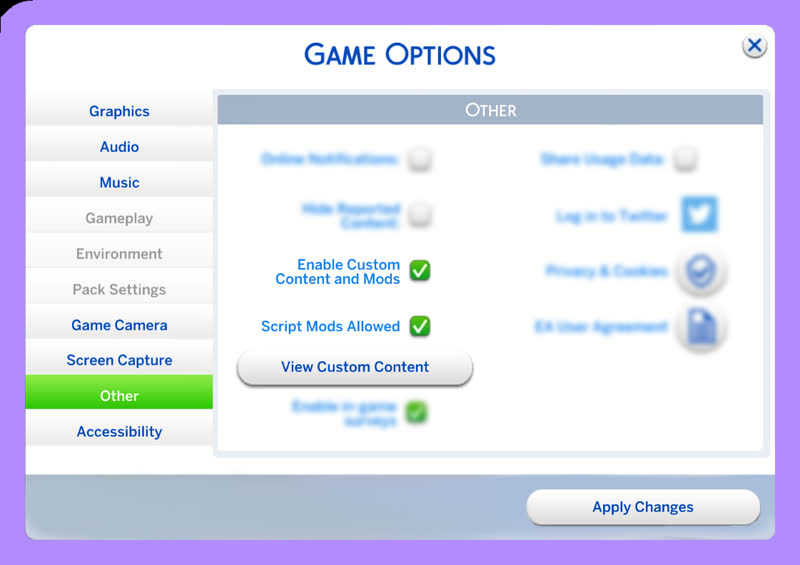 Настройки The Sims 4: раздел Другое для включения пользовательского контента и скриптовых модов