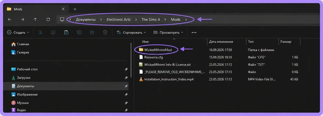 Путь Документы — Electronic Arts — The Sims 4 — Mods и папка WickedWhimsMod